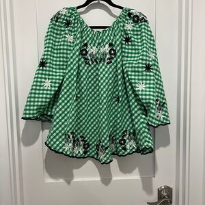 Green Gingham Embroidered Peasant Blouse One Size Innika Choo